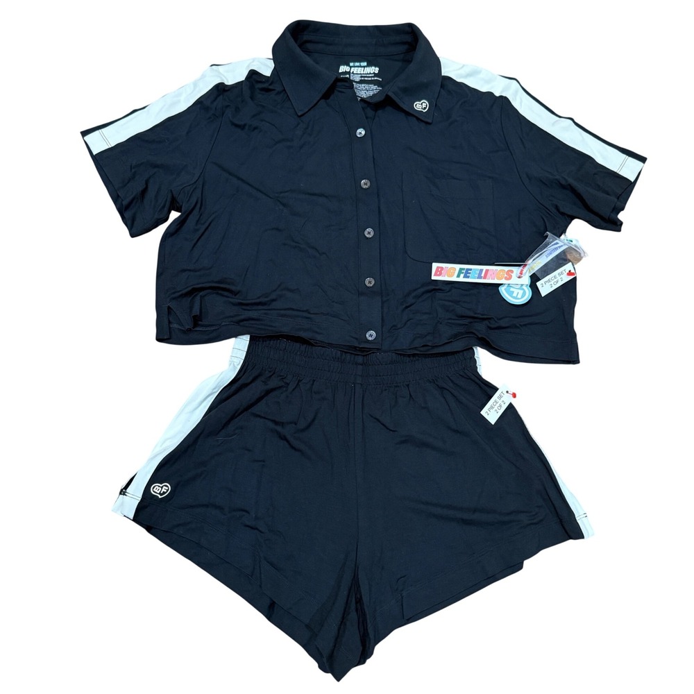 Big Feelings Black Crop Button Up Shirt‎ & Shorts Pajama Set Lounge Set XXS